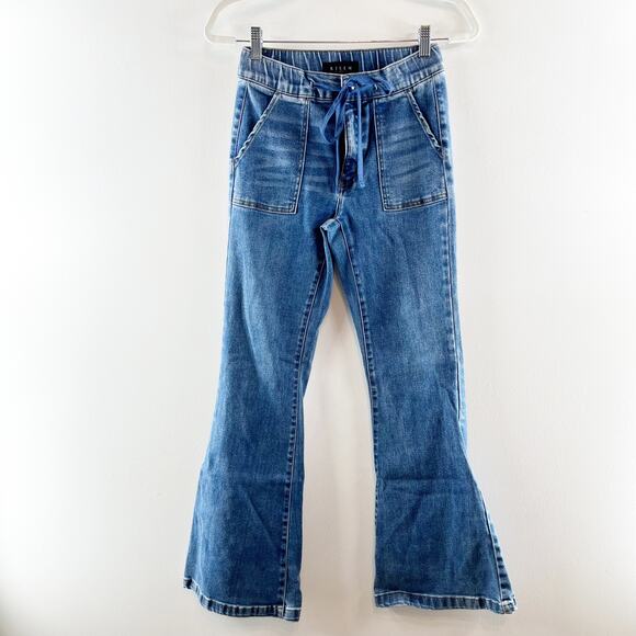 Risen Denim Mid Rise Flare Jeans With Drawstring and Front Pockets Blue 5 / 27 - Picture 6 of 13